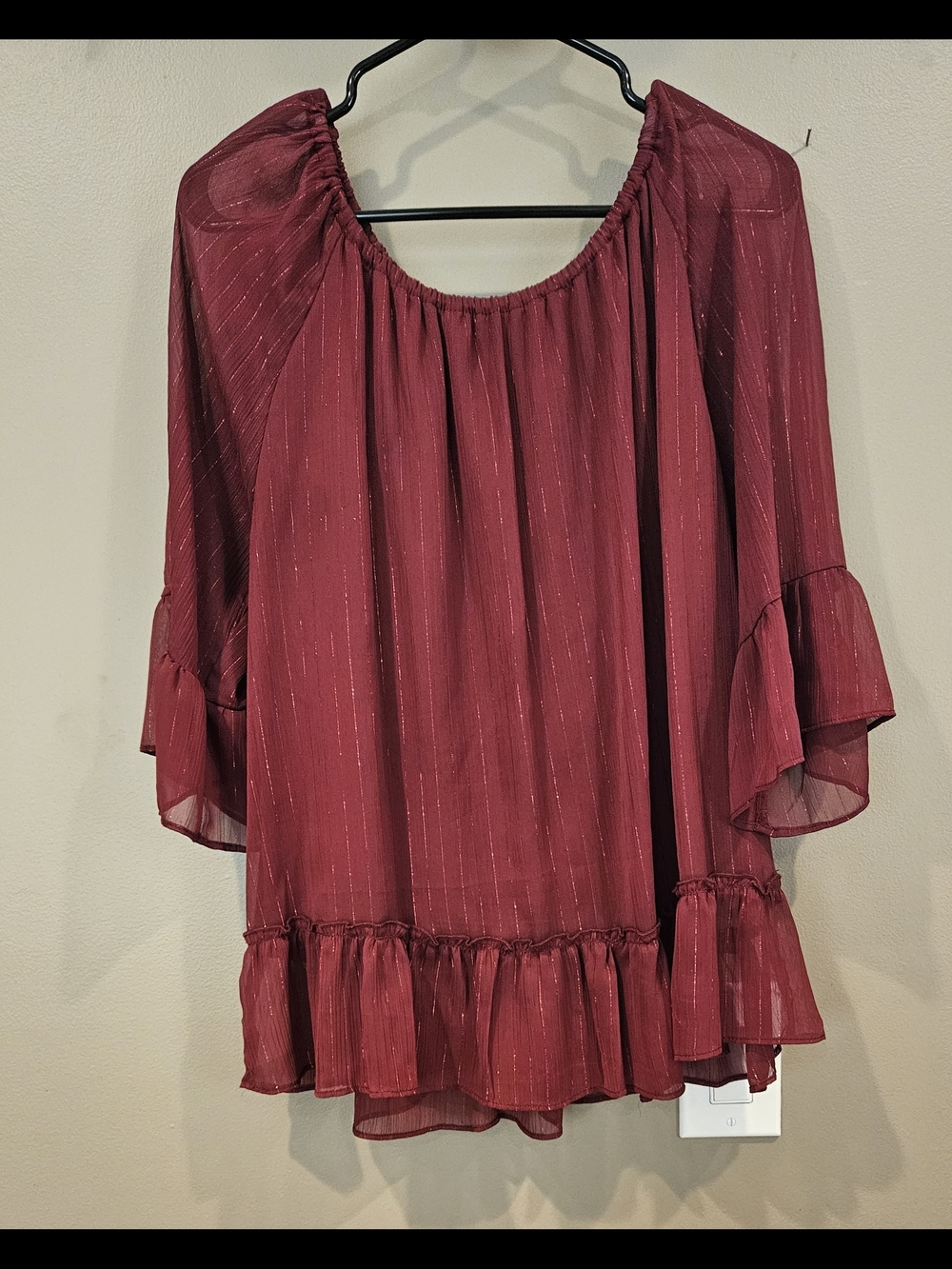 Massini Burgundy Metallic-Striped Peasant Blouse